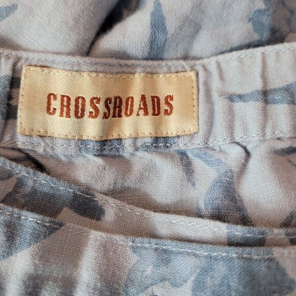 Vintage 80s Linen True Wrap Midi Skirt 12 Blue Monochromatic Floral Side Button - Picture 11 of 13